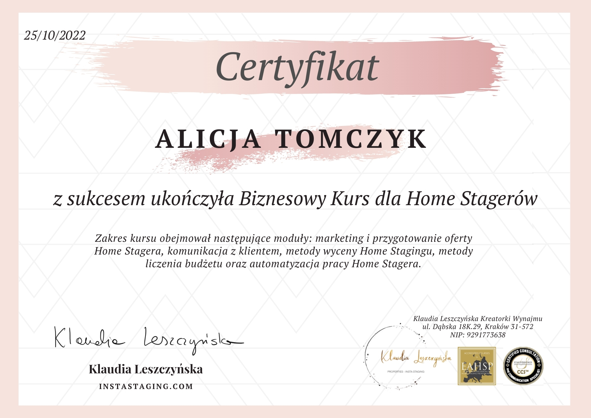 Certyfikat Wave Home Alicja Tomczyk - kurs Home Stagerów