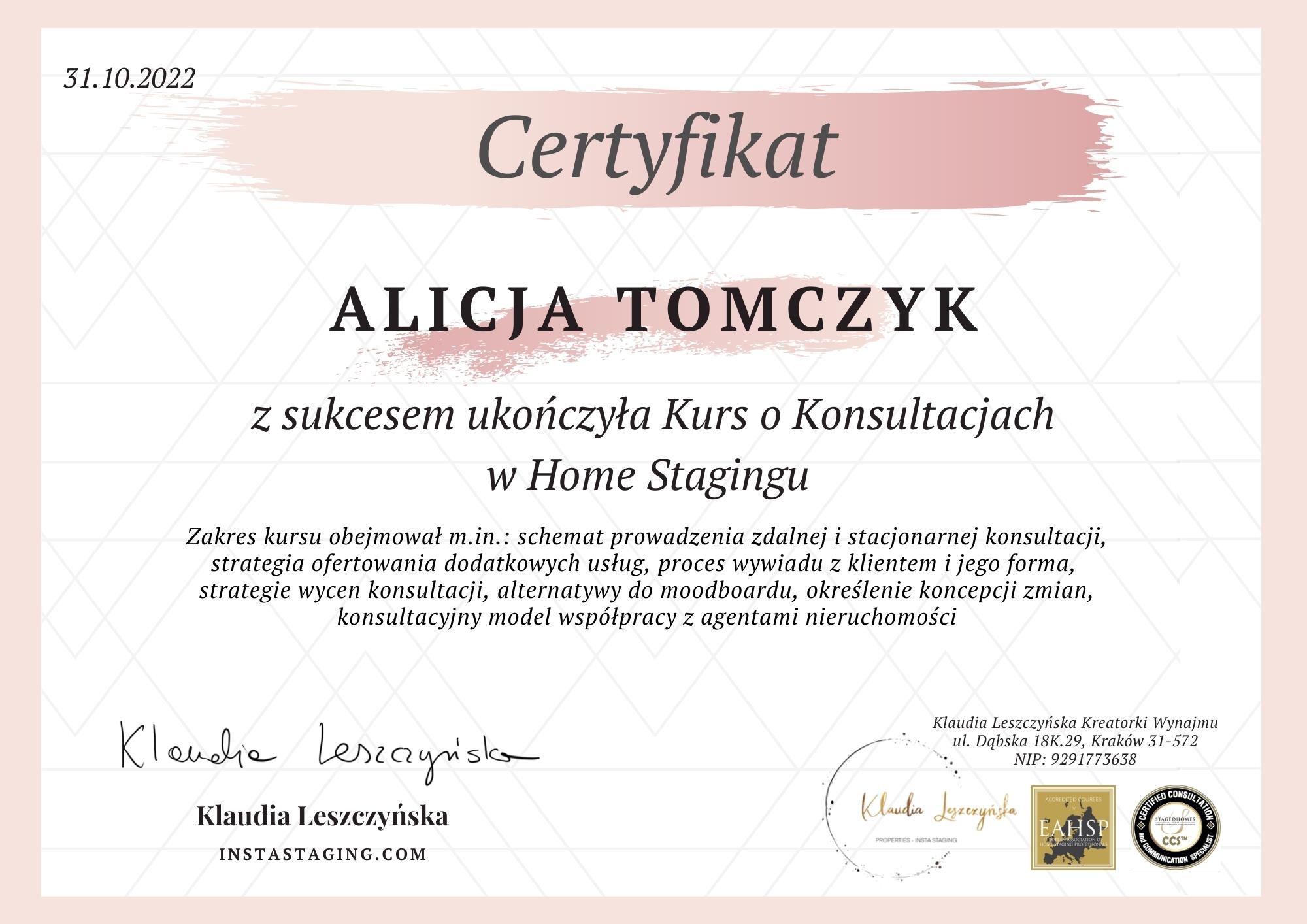 Certyfikat Wave Home Alicja Tomczyk - kurs o konsultacjach w Home Stagingu